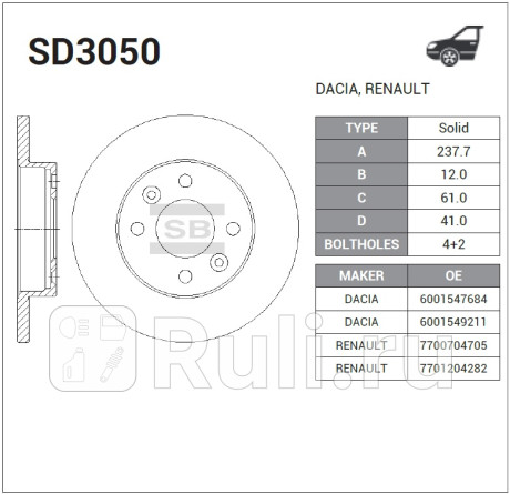 SD3050 - Диск тормозной передний (HI-Q) Renault Sandero (2013-2020) для Renault Sandero (2013-2021), HI-Q, SD3050
